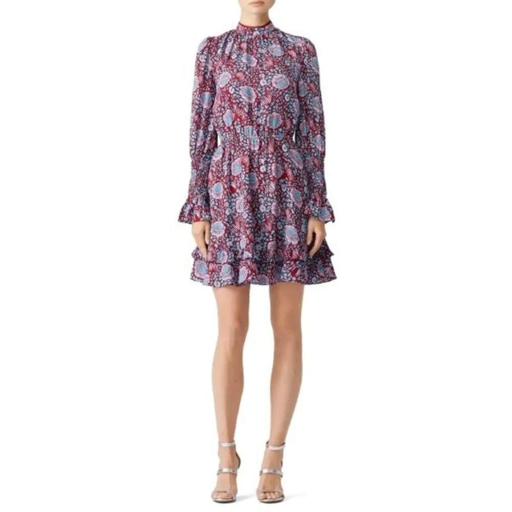 Rebecca Minkoff Belinda‎ Dress Floral Mock Neck Mini Smocked Maroon Size S $195